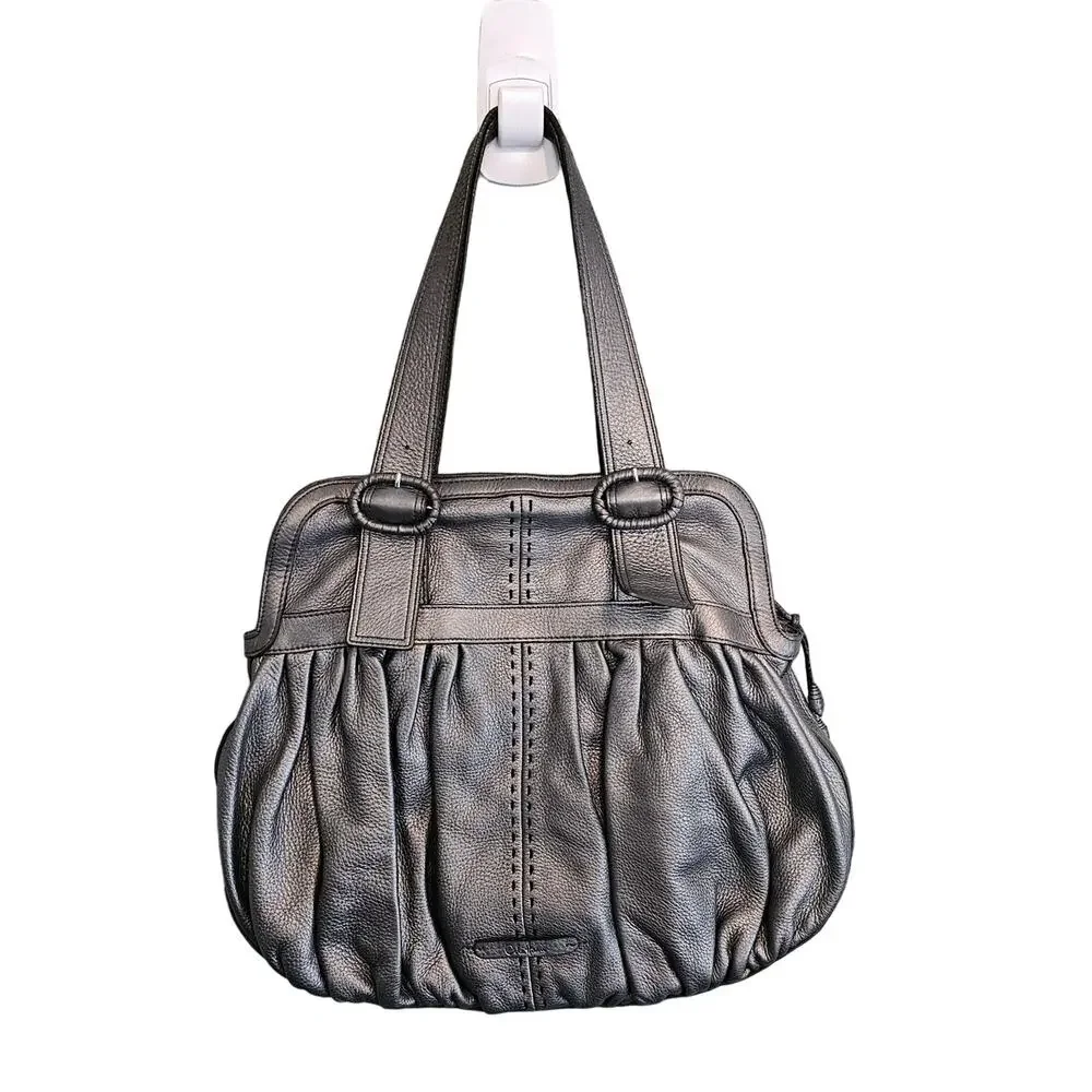 Cole Haan Metallic Silver Pewter Leather Satchel Shoulder Bag